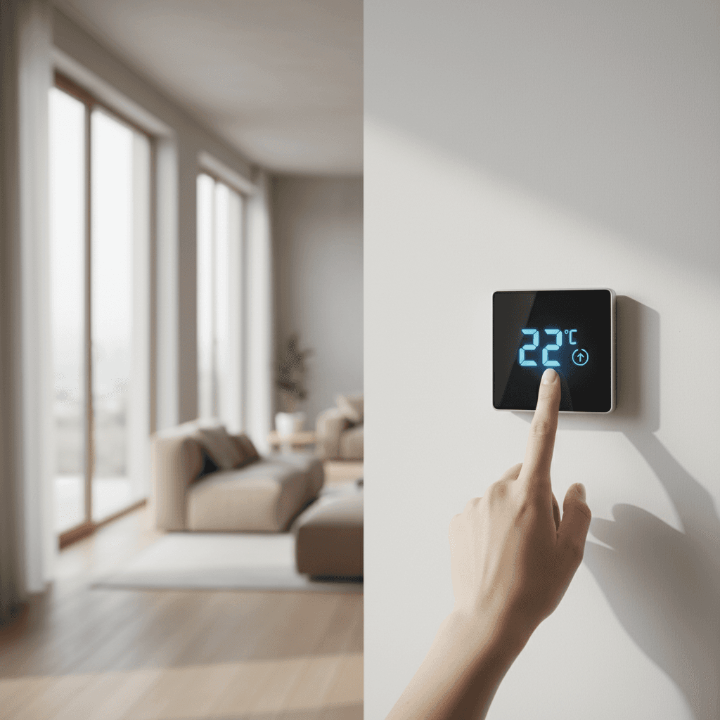 Homeowner adjusting digital thermostat with golden sunlight streaming through window