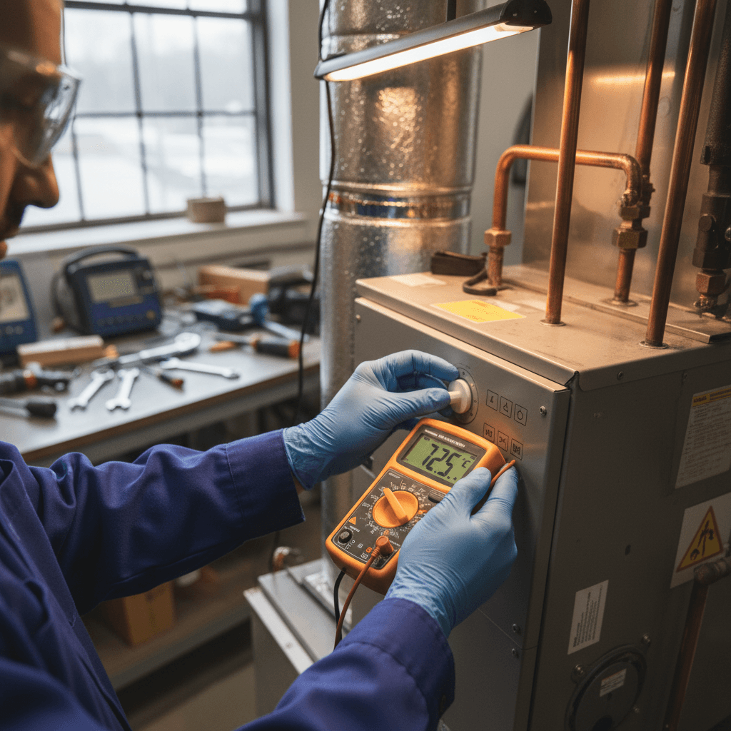 HVAC technician adjusting furnace controls