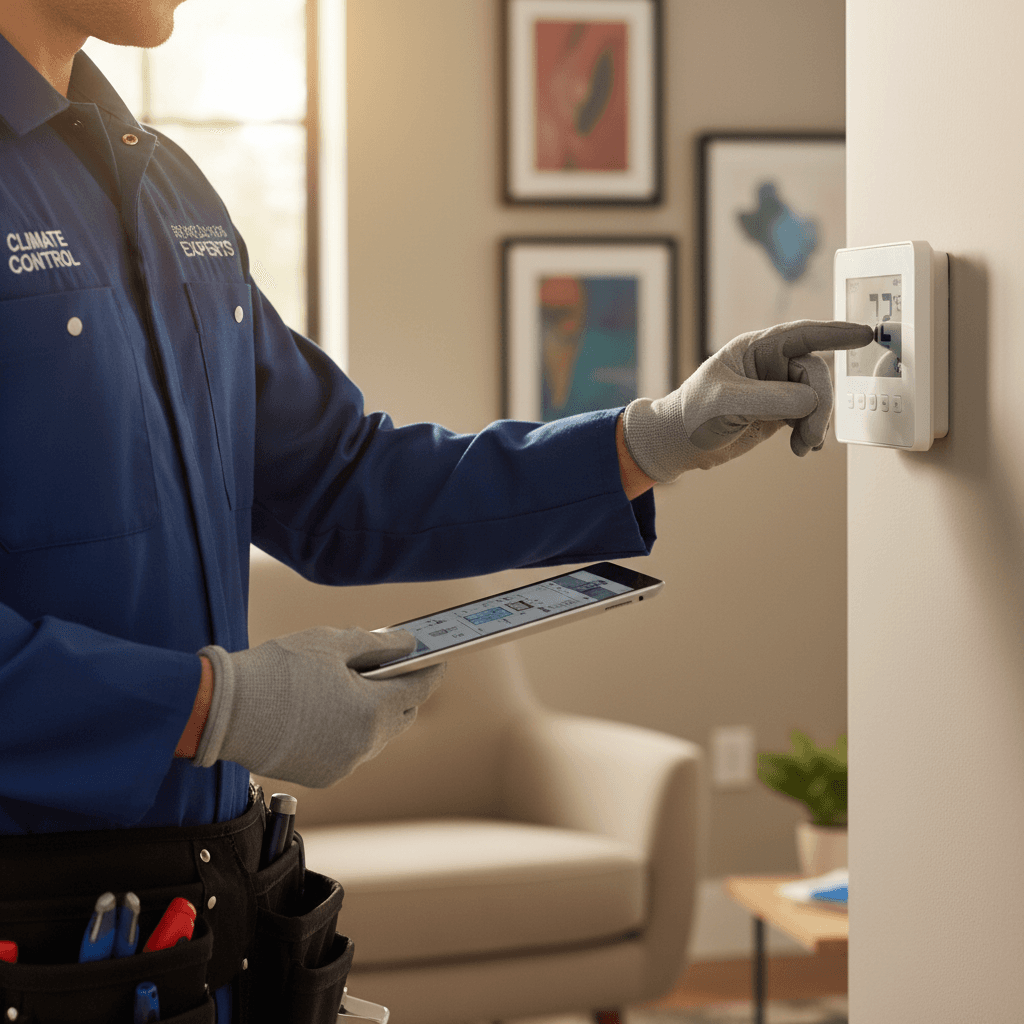 HVAC technician in blue uniform adjusting residential thermostat with diagnostic tablet in sunlit home interior