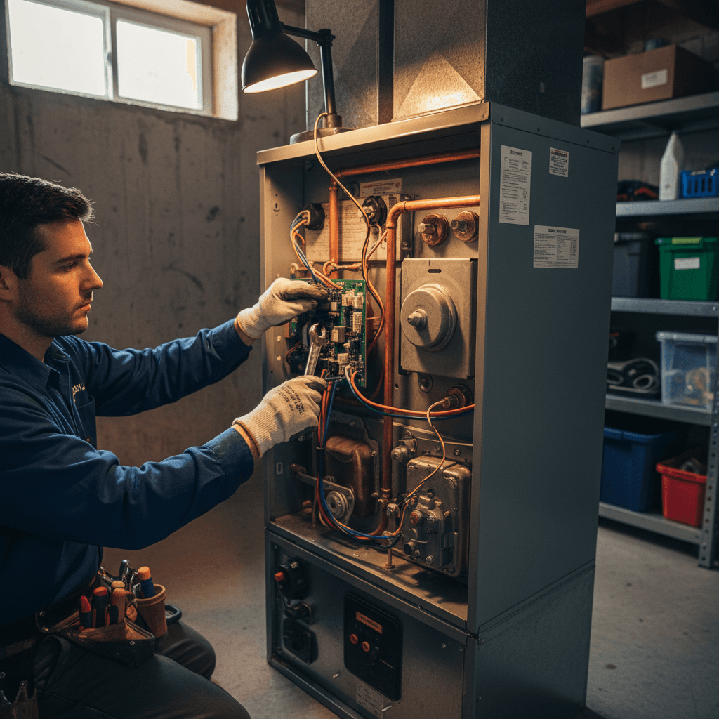 HVAC technician performing emergency furnace repair