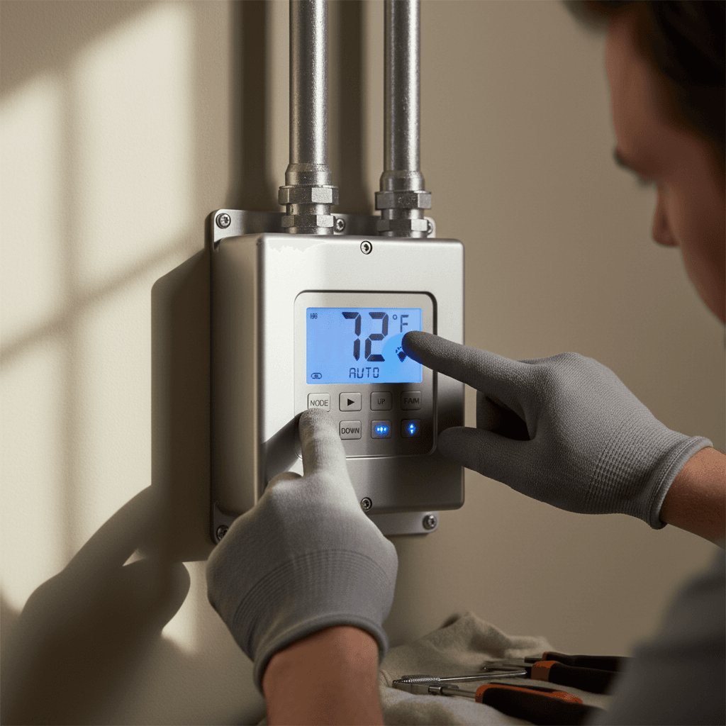 HVAC technician adjusting furnace controls