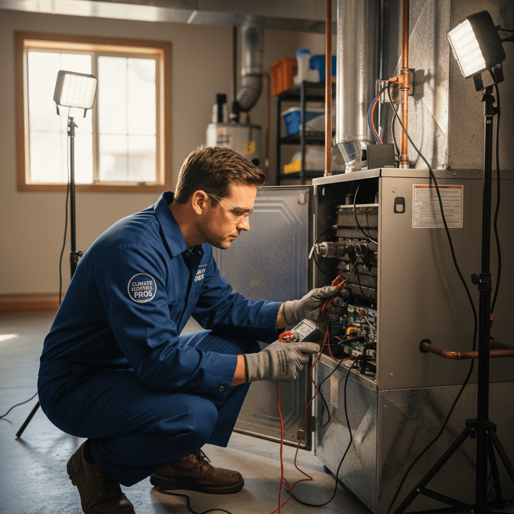 Furnace technician explaining repair to homeowner